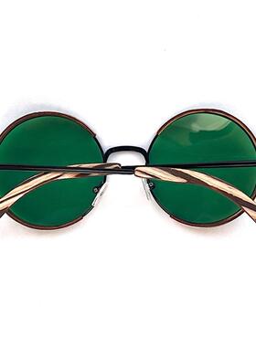 圆形绿色镜片斑马木质太阳眼镜