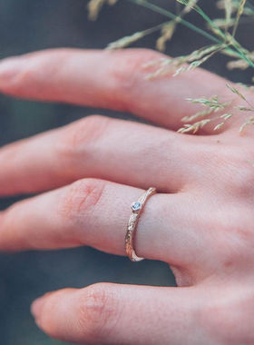 14K纯金复古小树枝钻石戒指镶嵌