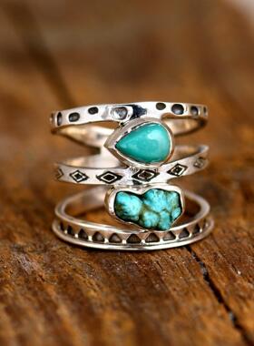 复古双石绿松石宝石镶嵌纯银戒指