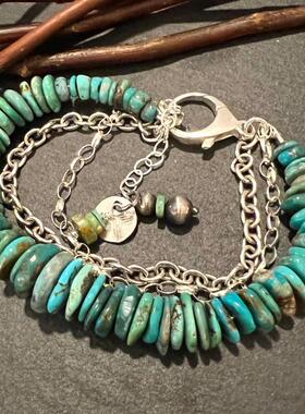 男女纯银天然绿松石多股纯银手链