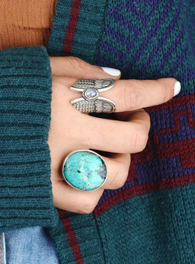 纯银波西米亚天使之翼戒指月光石