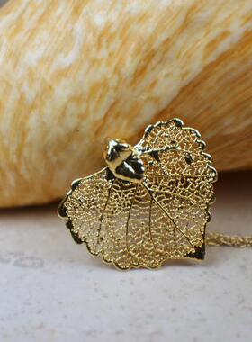 真正白杨树叶子金叶红色水晶项链