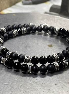 色玛瑙串珠2条手链氧化纯银男士