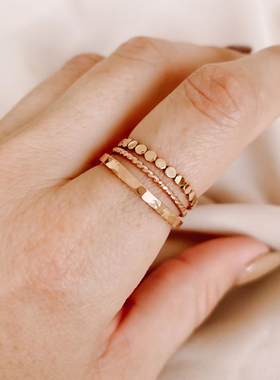 纯银14K金填充叠戴戒指锤打厚带