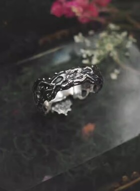 哥特手作纯银雕刻玫瑰叶心形戒指