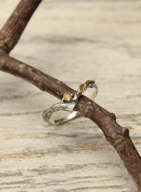 天然黄水晶银枝金叶订婚纯银戒指