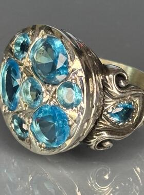 朋克925银蓝宝石雕刻男士戒指