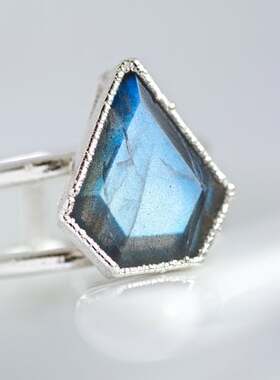 拉长石宝石双环盾牌纯银戒指复古