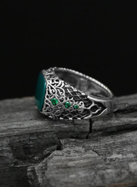 男纯银方形绿玛瑙戒指宝石镶嵌