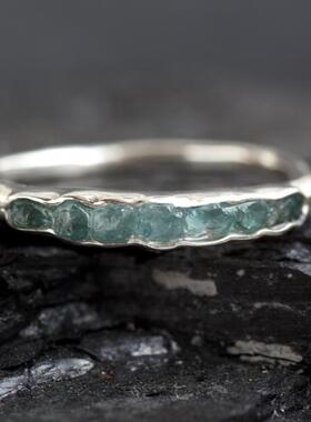 天然海蓝色宝石带状镶嵌戒指纯银