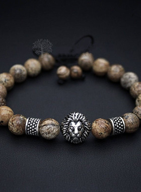 狮子白色珠子串珠男士手链纯银