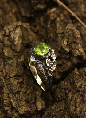 14K白金复古橄榄石钻石戒指镶嵌