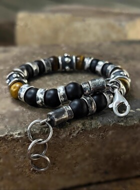 天然虎眼石黑玛瑙纯银男士手链