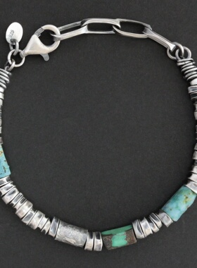 绿松石纯银蓝绿色宝石银珠手链