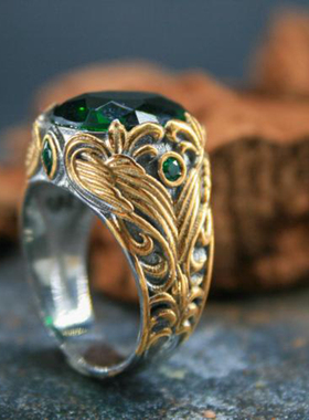 纯银镀金复古绿色锆石宝石戒指