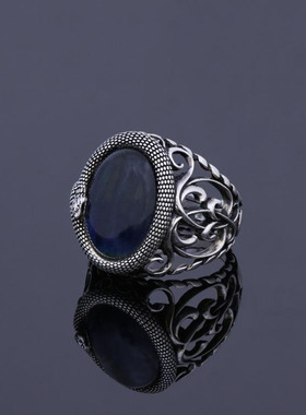 男纯银复古虎眼石宝石戒指镶嵌