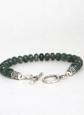 纯银天然苔藓海蓝宝石手链串珠