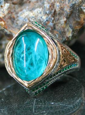 帕拉伊巴宝石复古纯银男士戒指