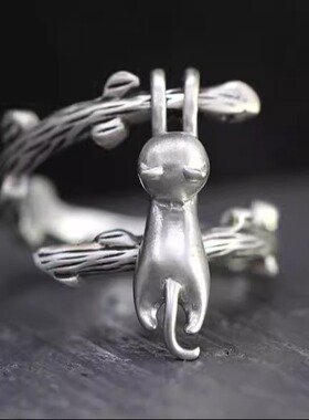 小猫咪攀爬镀银复古戒指树枝设计