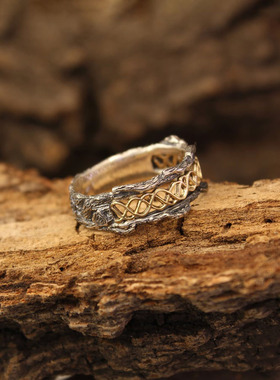 波浪树枝金银双色纯银纯金戒指