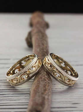 花纹14K金纯银情侣对戒订婚戒指