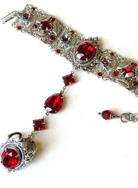 红色水晶银色掐丝连指戒指手链