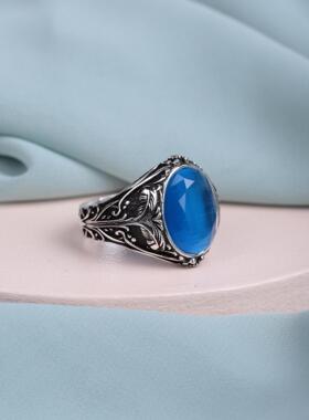 蓝虎眼石宝石镶嵌树形纯银戒指