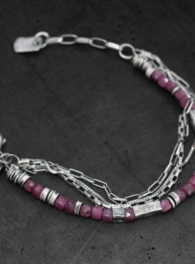 红宝石氧化纯银多股叠戴女士手链