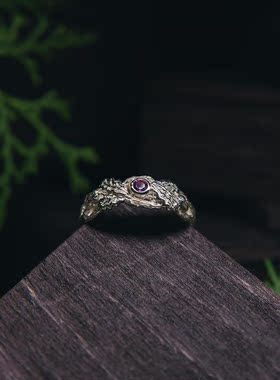 纯银粉色蓝宝石镶嵌橡树叶子戒指