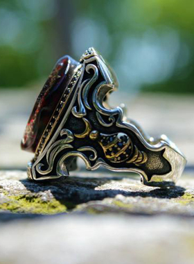 纯银复古深红色宝石镶嵌戒指花纹