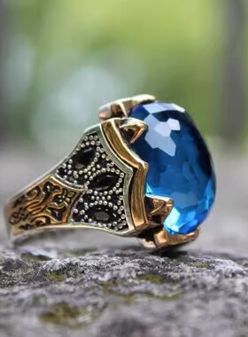 蓝色圆形宝石镶嵌复古纯银戒指