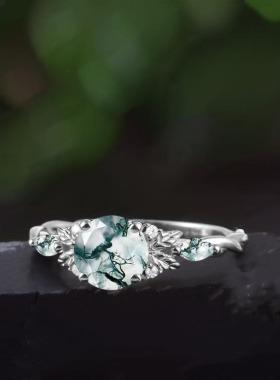 女士14K纯白金天然苔藓玛瑙戒指