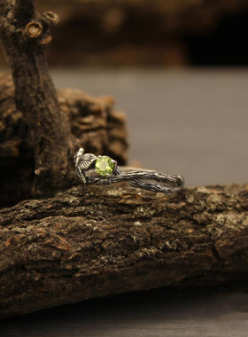 树枝叶子花朵天然橄榄石戒指纯银