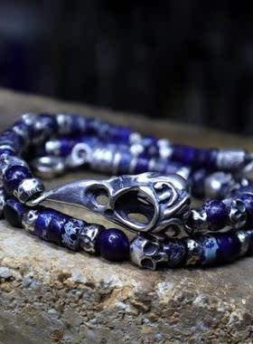 纯银乌鸦纯银骷髅头骨手链碧玉