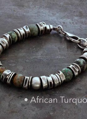 黑色玛瑙绿松石银链银珠纯银手链