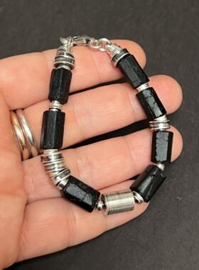 黑色天然碧玺宝石串珠纯银手链