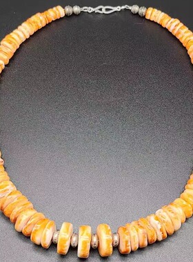 橙色多刺牡蛎绿松石纯银串珠项链