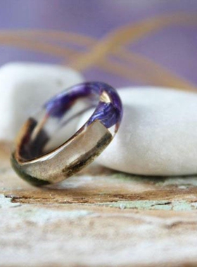 紫色花朵桦树皮真正蕨叶树脂戒指