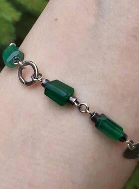 纯银绿色玛瑙串珠柱状手链银盘