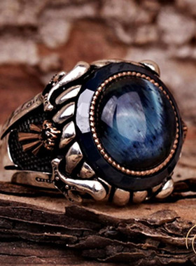 男925纯银复古蓝色虎眼石戒指