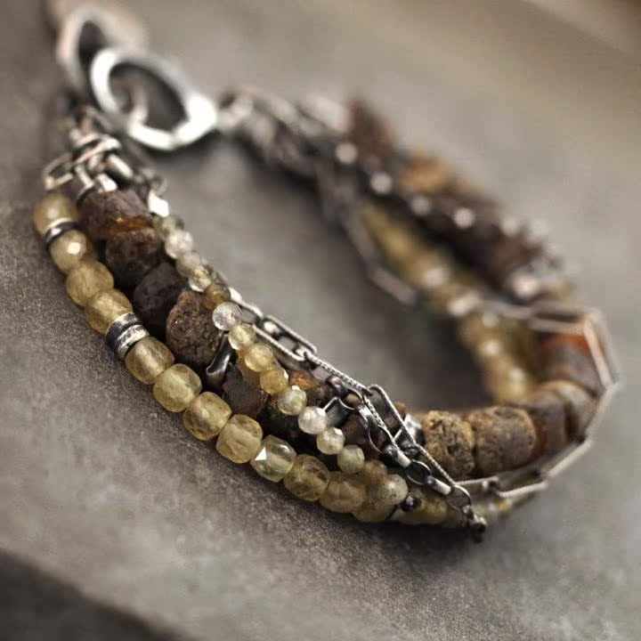 波兰代购Bracelet㊣ 手作海琥珀拉长石磷灰石串珠皮革氧化银手链 - 图0