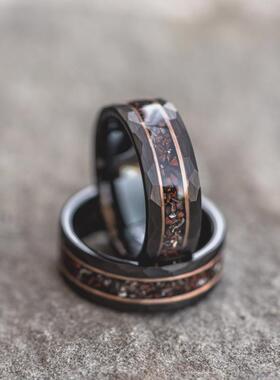 男士碳化钨黑色锤击陨石戒指结婚