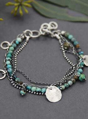 氧化纯银天然绿松石手链分层叠戴