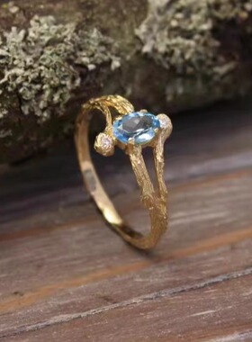 14K纯黄金复古天然托帕石戒指