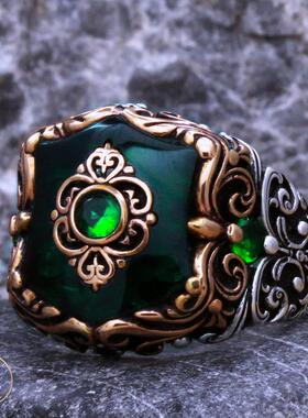 雕花戒指纯银绿色宝石复古中性