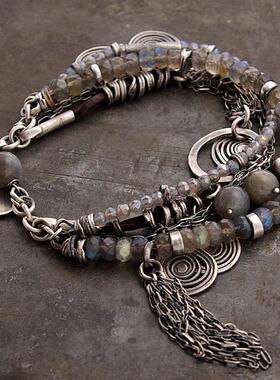 蓝色闪光拉长石宝石纯银手链复古