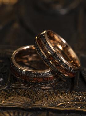 情侣玫瑰金碳化钨陨石戒指刻字