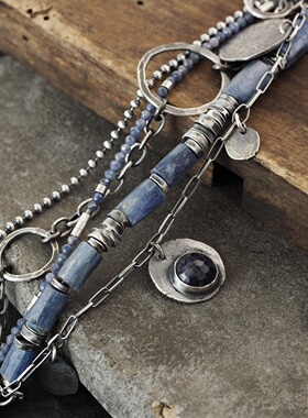 复古蓝晶石蓝宝石叠戴纯银手链