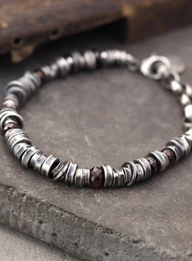 中性纯银复古红色石榴石手链银珠