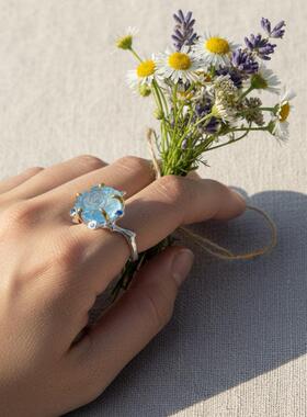 手作海蓝宝玫瑰纯银生辰石戒指